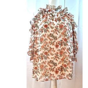 Max Studio Women's Floral Ruffled Cold Shoulder Boho Tunic Top Size Large NWT